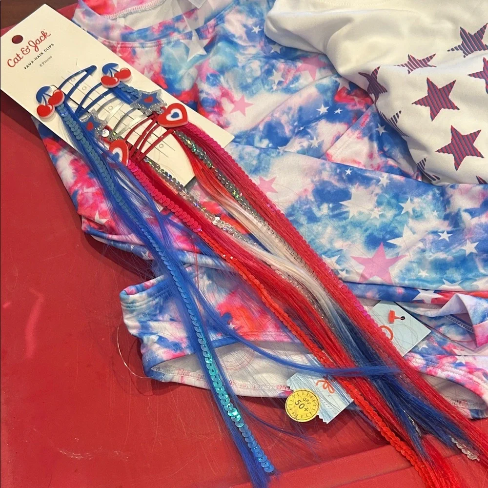 Girls Patriotic swim, hair clips and Tee & Skirt Set - Red White Blue Stars